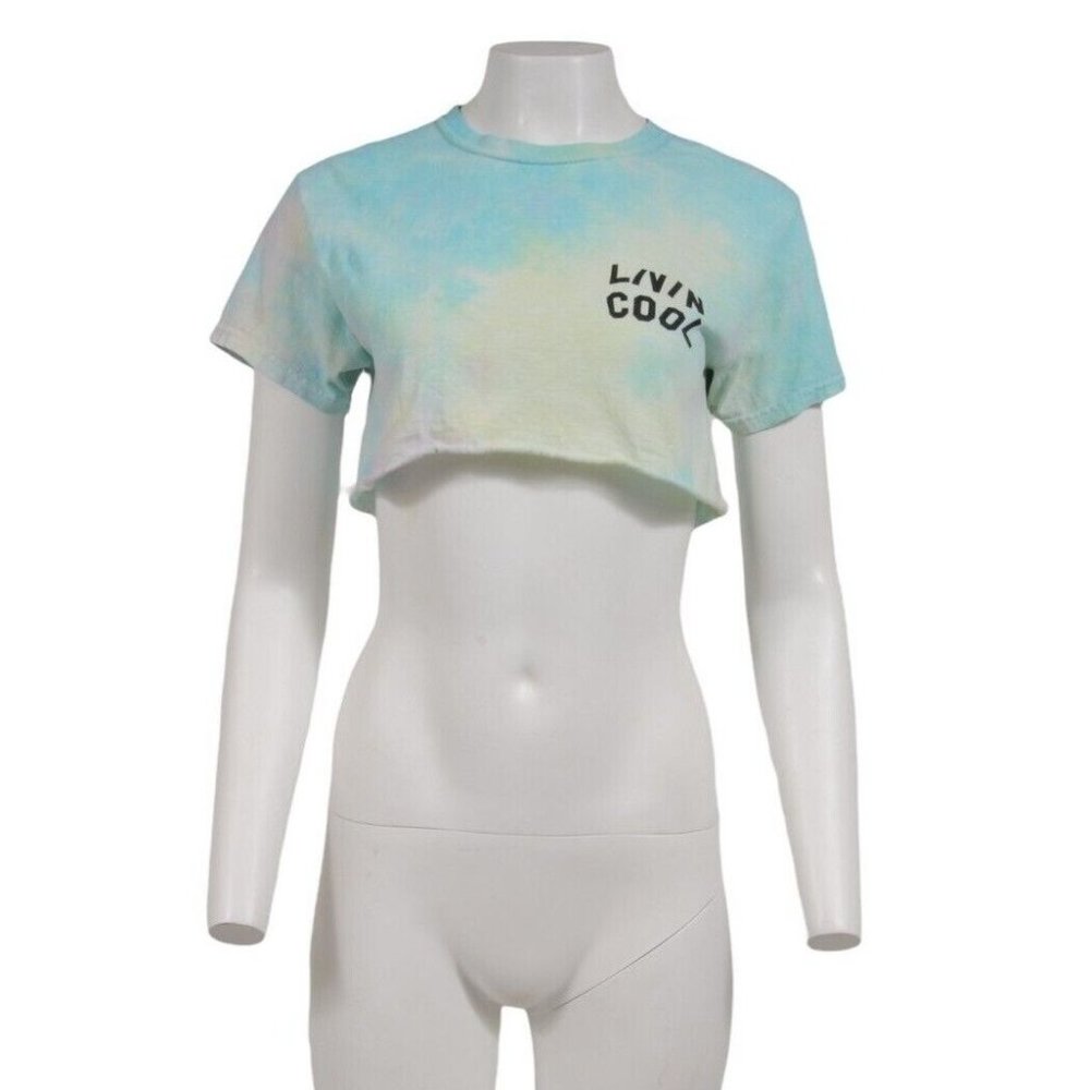 Livin Cool Womens Crop Top Size Small Blue Yellow Tie Dye Cotton T Shirt Raw Hem